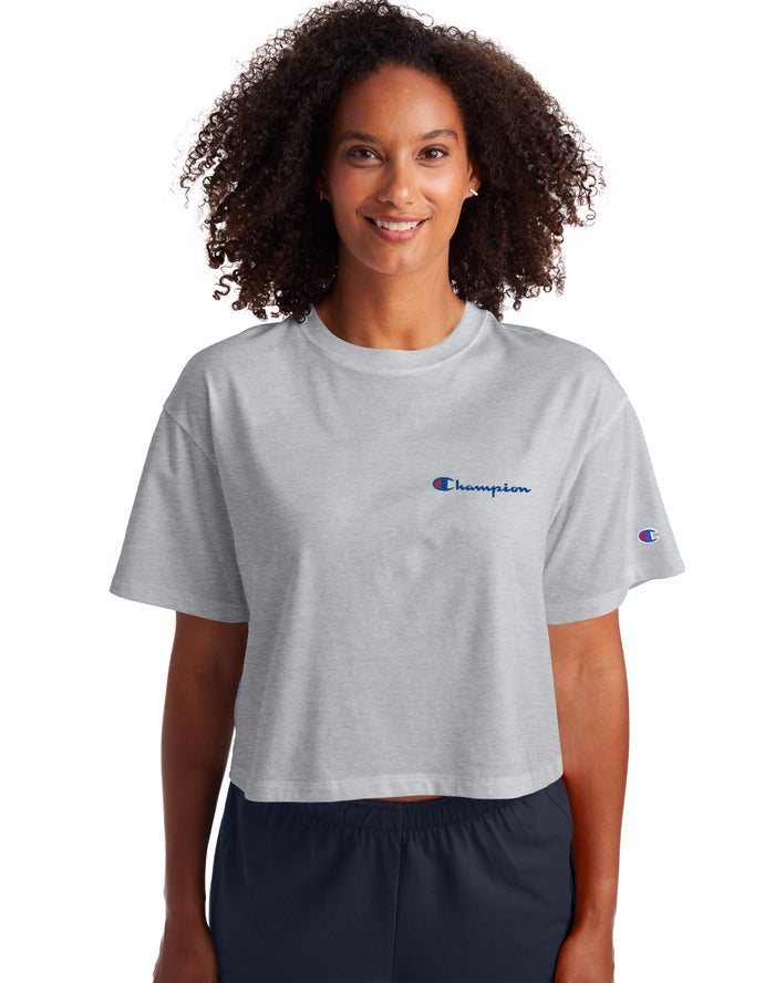 Camiseta Champion Mujer - Cropped Script Logo ( Gris ) 9753486-WZ